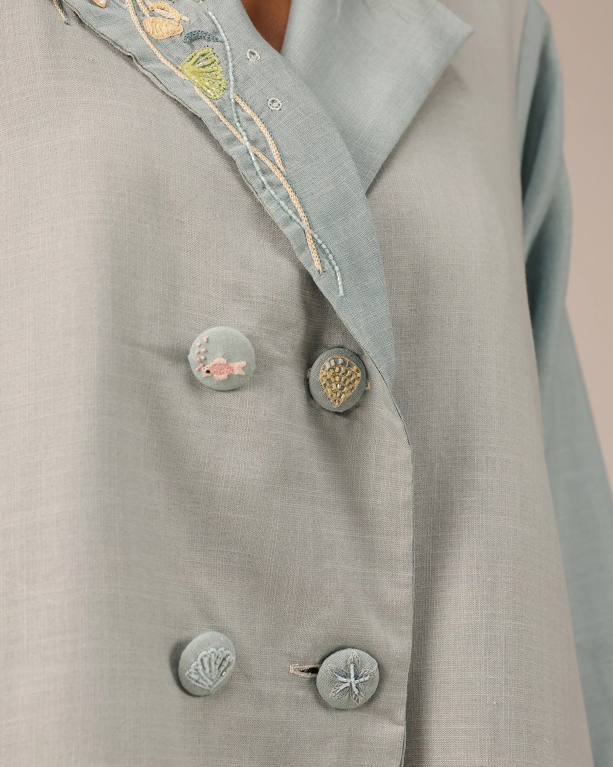 Breeze Pop Linen Dress | Gradient Grey-Ivory Embroidered Dress - OurDve