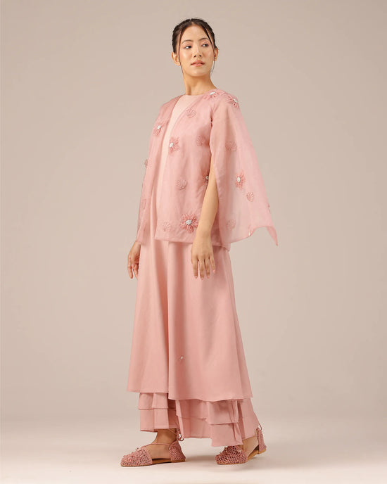 Pink Wave Kiss Embroidered Multi-Layer Linen Dress - OurDve