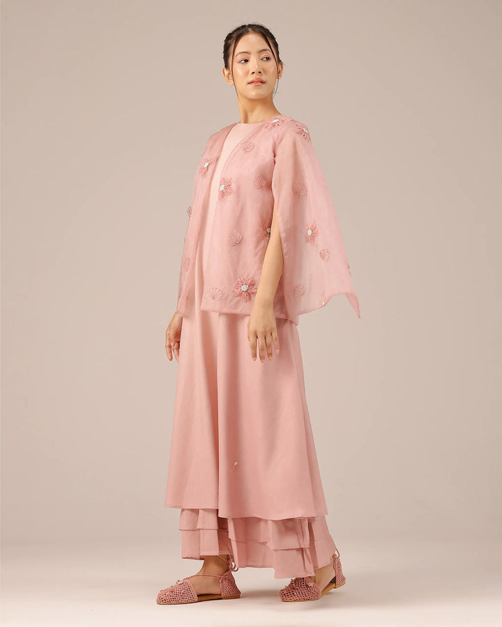 Pink Wave Kiss Embroidered Multi-Layer Linen Dress - OurDve