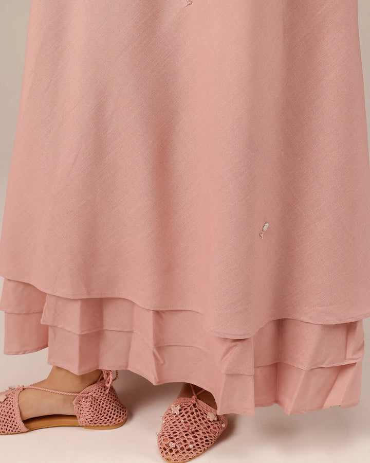 Pink Wave Kiss Embroidered Multi-Layer Linen Dress - OurDve