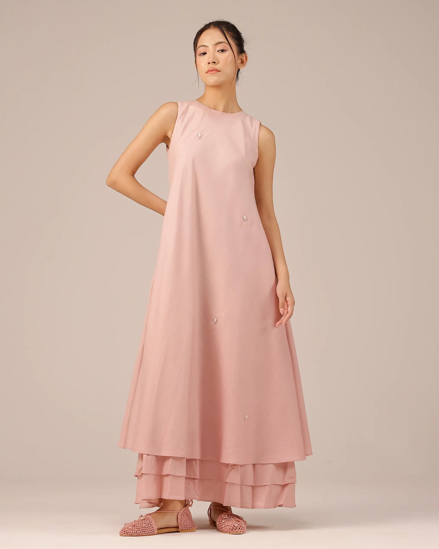 Pink Wave Kiss Embroidered Multi-Layer Linen Dress - OurDve
