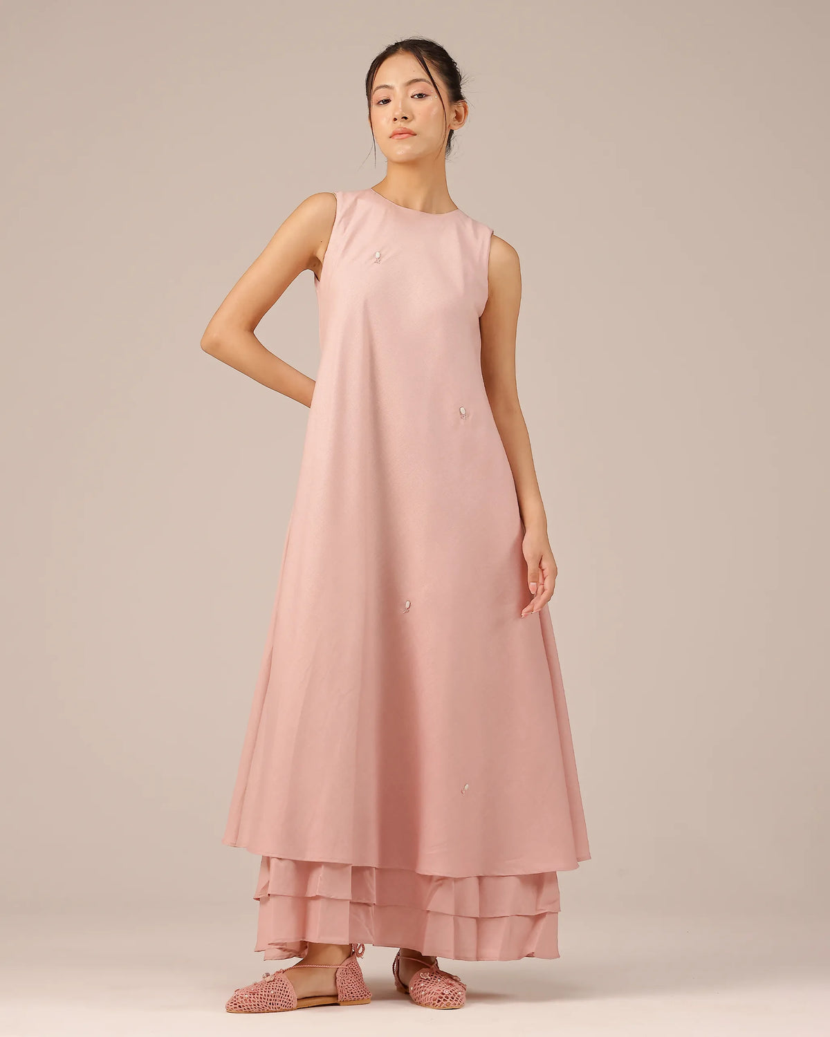Pink Wave Kiss Embroidered Multi-Layer Linen Dress - OurDve