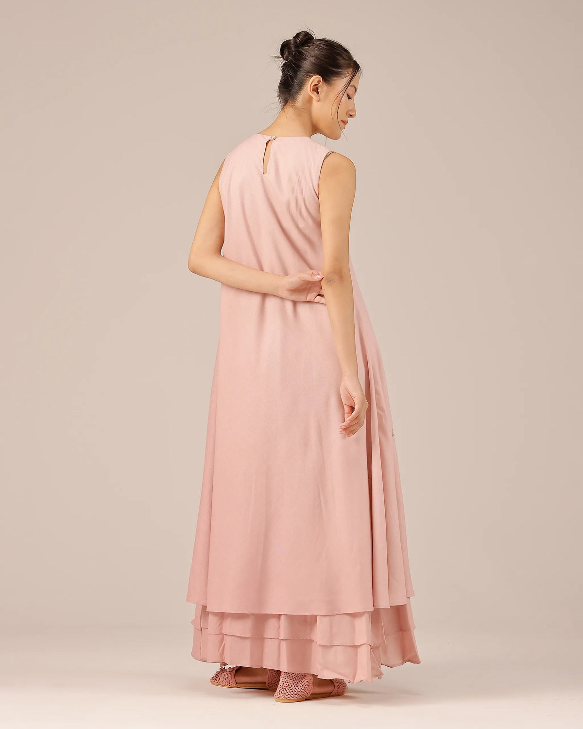 Pink Wave Kiss Embroidered Multi-Layer Linen Dress - OurDve