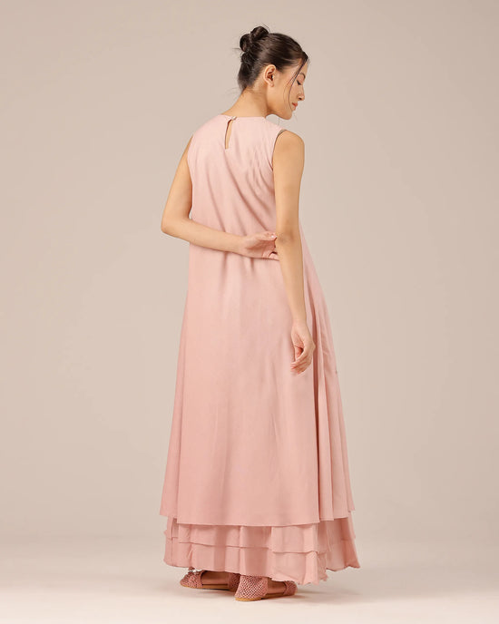 Pink Wave Kiss Embroidered Multi-Layer Linen Dress - OurDve