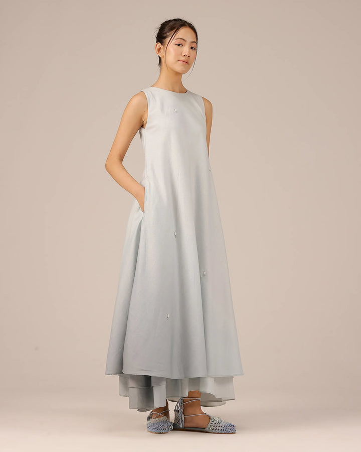 Grey Wave Kiss Linen Dress | Multi-Layer Embroidered Linen Dress - OurDve