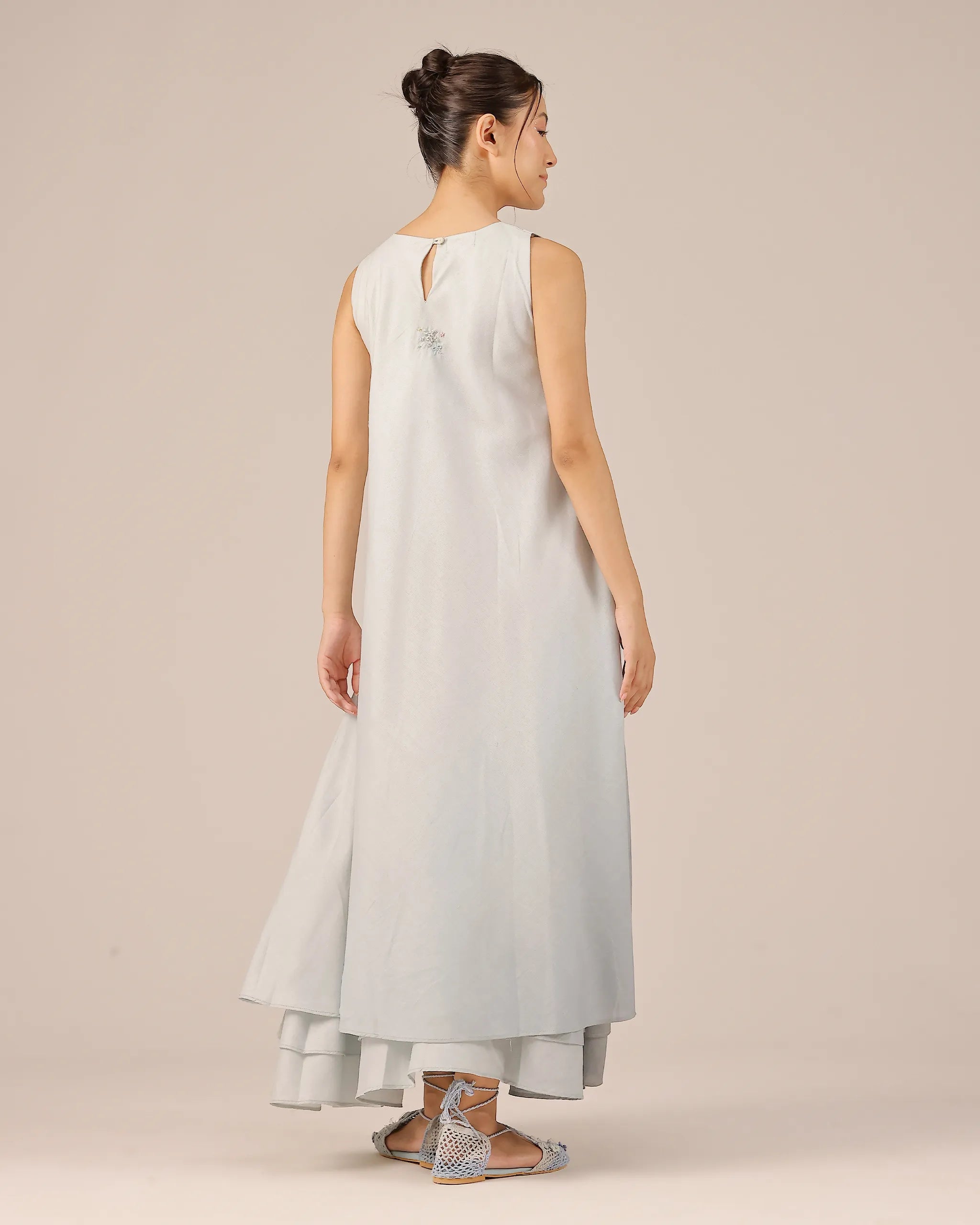 Grey Wave Kiss Linen Dress | Multi-Layer Embroidered Linen Dress - OurDve
