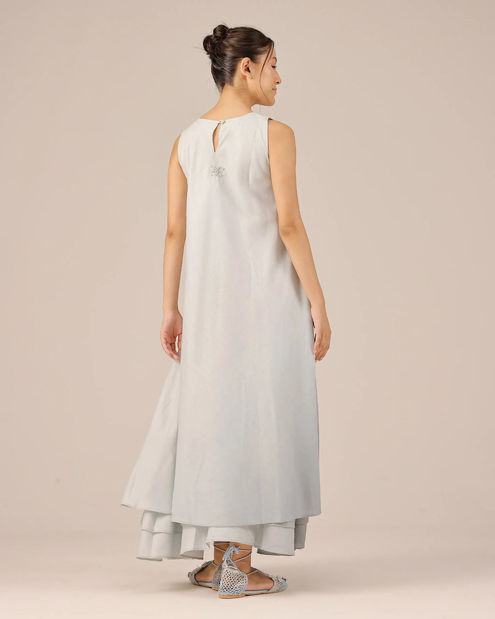 Grey Wave Kiss Linen Dress | Multi-Layer Embroidered Linen Dress - OurDve