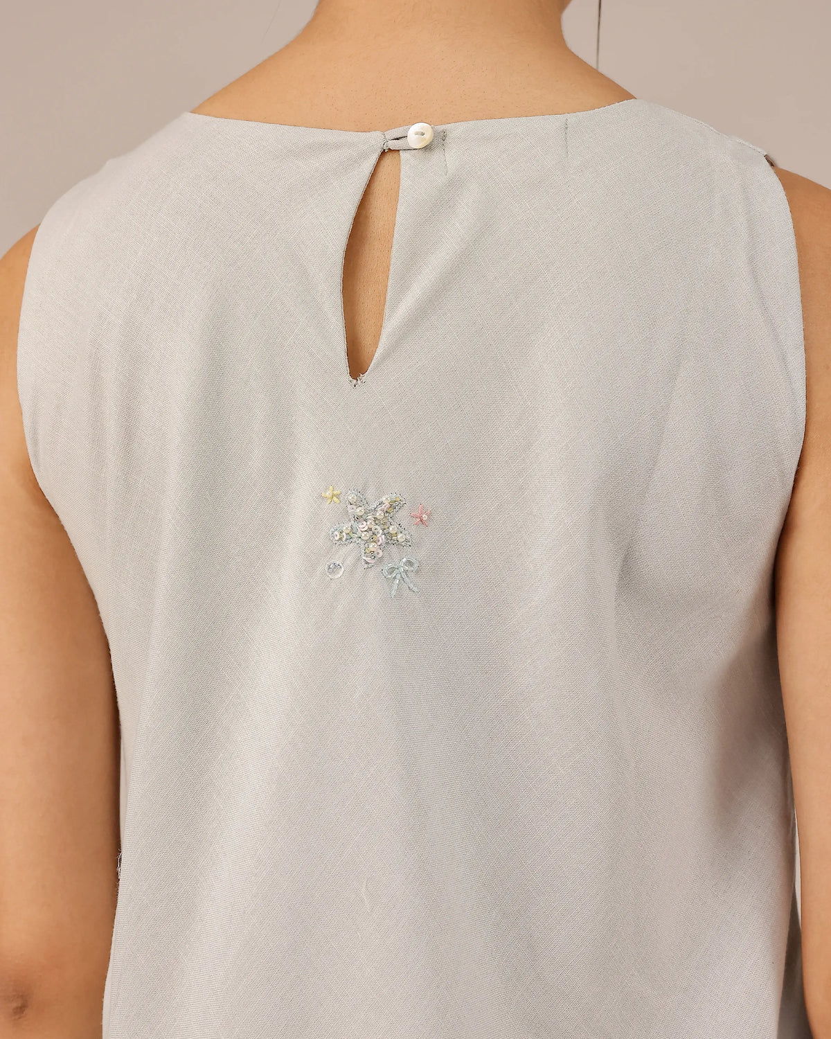 Grey Wave Kiss Linen Dress | Multi-Layer Embroidered Linen Dress - OurDve