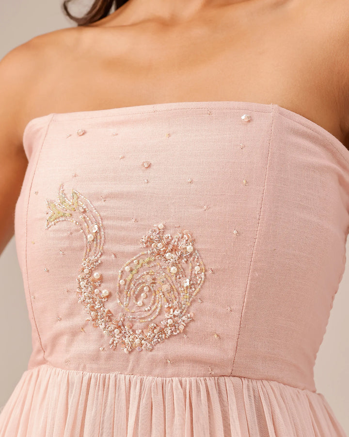 Pink Flora Strapless Linen Party Dress - OurDve