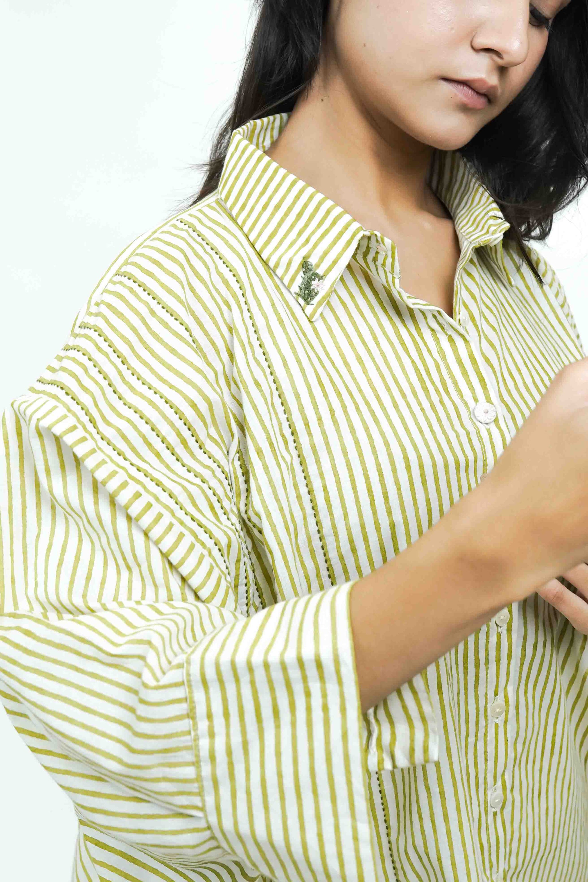 S0018 - Green Stripe Cotton Shirt - OurDve