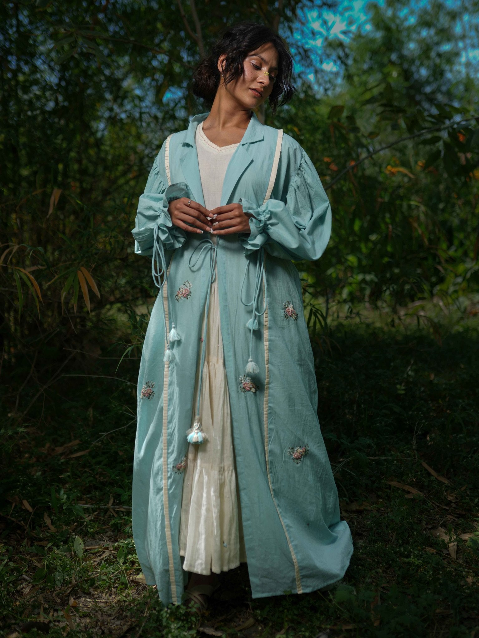 Charmaine Set - Dress and Jacket - Blue and Beige Cotton - OurDve