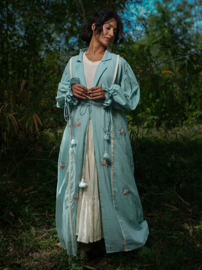 Charmaine Set - Dress and Jacket - Blue and Beige Cotton - OurDve