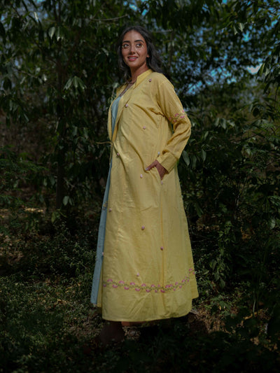 Dara Set - Dress and Jacket - Blue With Yellow Cotton - OurDve