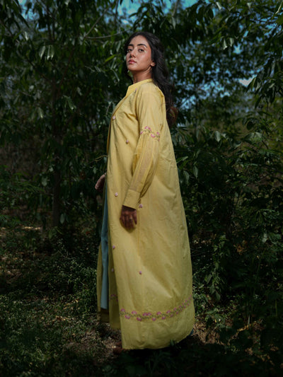 Dara Set - Dress and Jacket - Blue With Yellow Cotton - OurDve