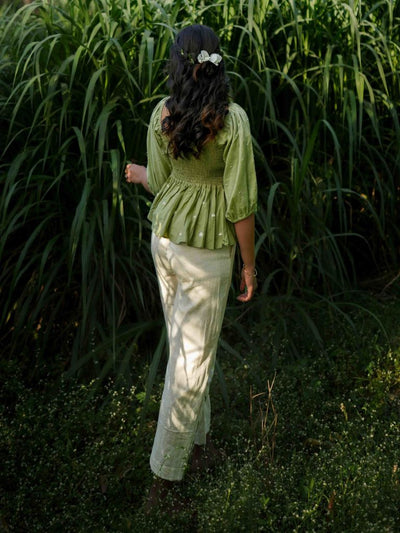 Erelah Set - Top and Pants Green and Beige Cotton - OurDve