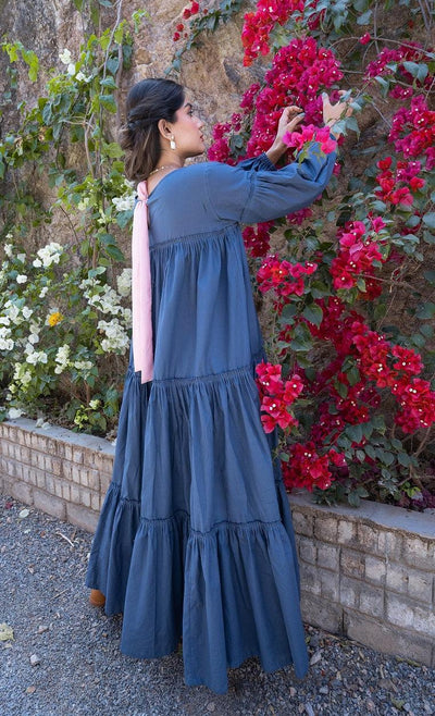 Dark Blue Twin Cotton Flare Dress - OurDve