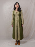 trench dress jacket, cinched around waist, with pockets, embroidered back, power shoulders, button down, detail of buttons on sleeves