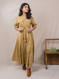 drawstring sand colour cotton button down dress jacket with two front packets and embroidery details. 