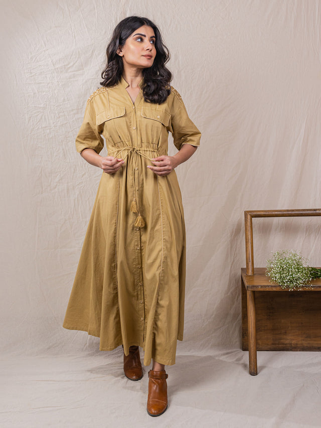 drawstring sand colour cotton button down dress jacket with two front packets and embroidery details. 