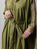 free size dress where you can spread your wings wide and not bound yourself in the cage of sizes, this dress is one size fits all, with tropical palm embroidery from shoulder to sleeve, with corduroy details of collar and sleeve hem