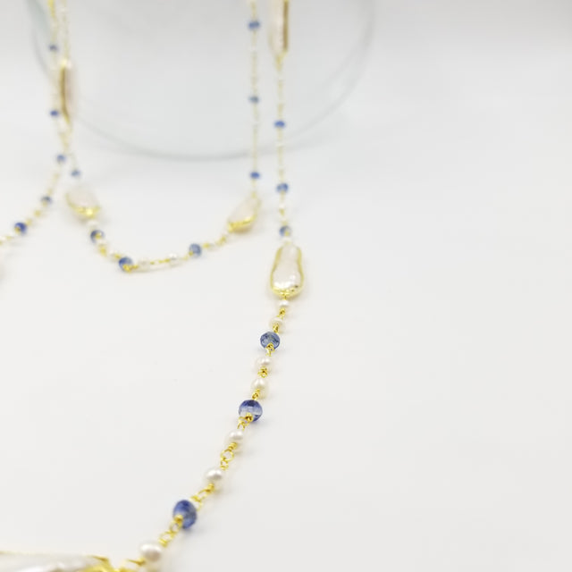 Long Pearl Aquamarine Necklace