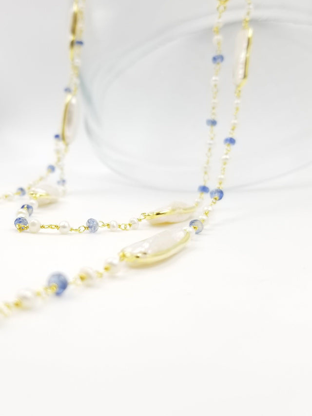 Long Pearl Aquamarine Necklace