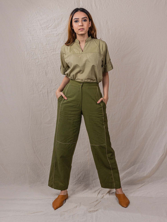 three piece set of jacket, top and pants, button down jacket with contrast sleeves, embroidered panel, straight pants with contrast piping, short sleeve top