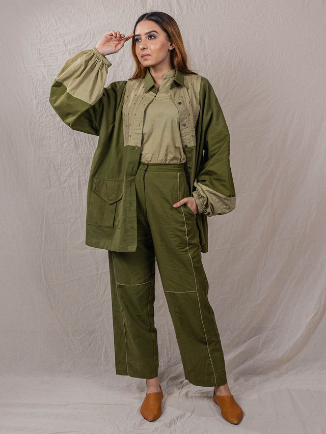 three piece set of jacket, top and pants, button down jacket with contrast sleeves, embroidered panel, straight pants with contrast piping, short sleeve top