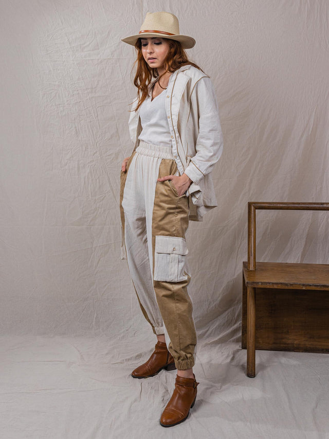 three piece set of jacket, top and joggers, button down jacket with pockets and corduroy piping, joggers with big pockets and corduroy detail, sleeveless top with beaded hem