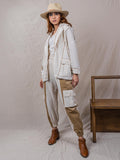 three piece set of jacket, top and joggers, button down jacket with pockets and corduroy piping, joggers with big pockets and corduroy detail, sleeveless top with beaded hem