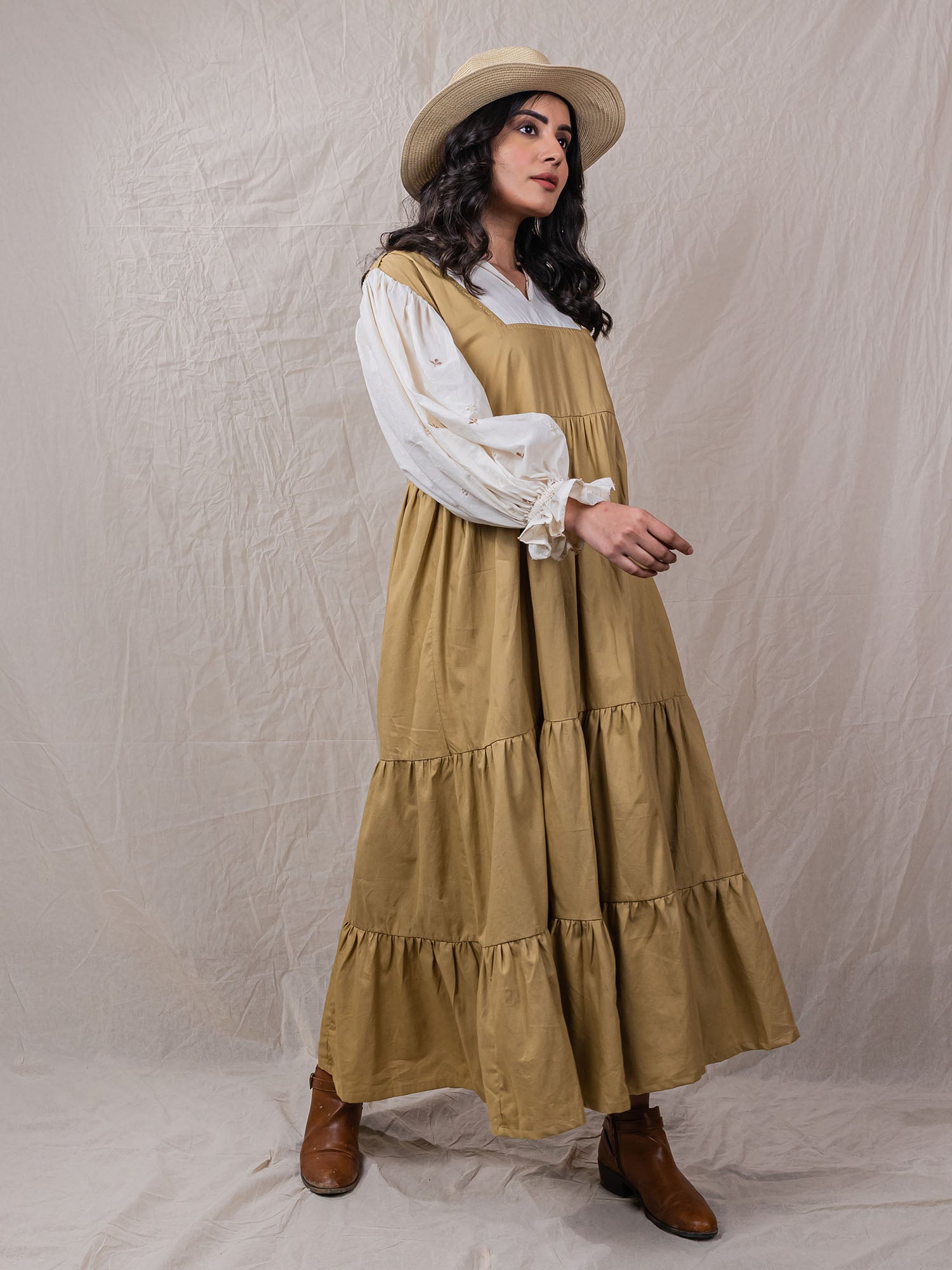 Pod Dress is perfect safari dress with detailed embroidery on sleeve, puff cuffs, attached collar shirt, with square neck dress, tiered bottom with cinched waistline