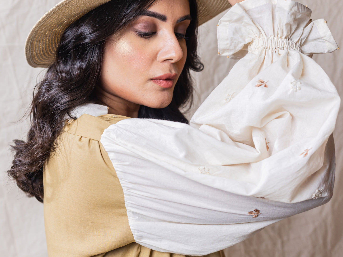 Pod Dress is perfect safari dress with detailed embroidery on sleeve, puff cuffs, attached collar shirt, with square neck dress, tiered bottom with cinched waistline