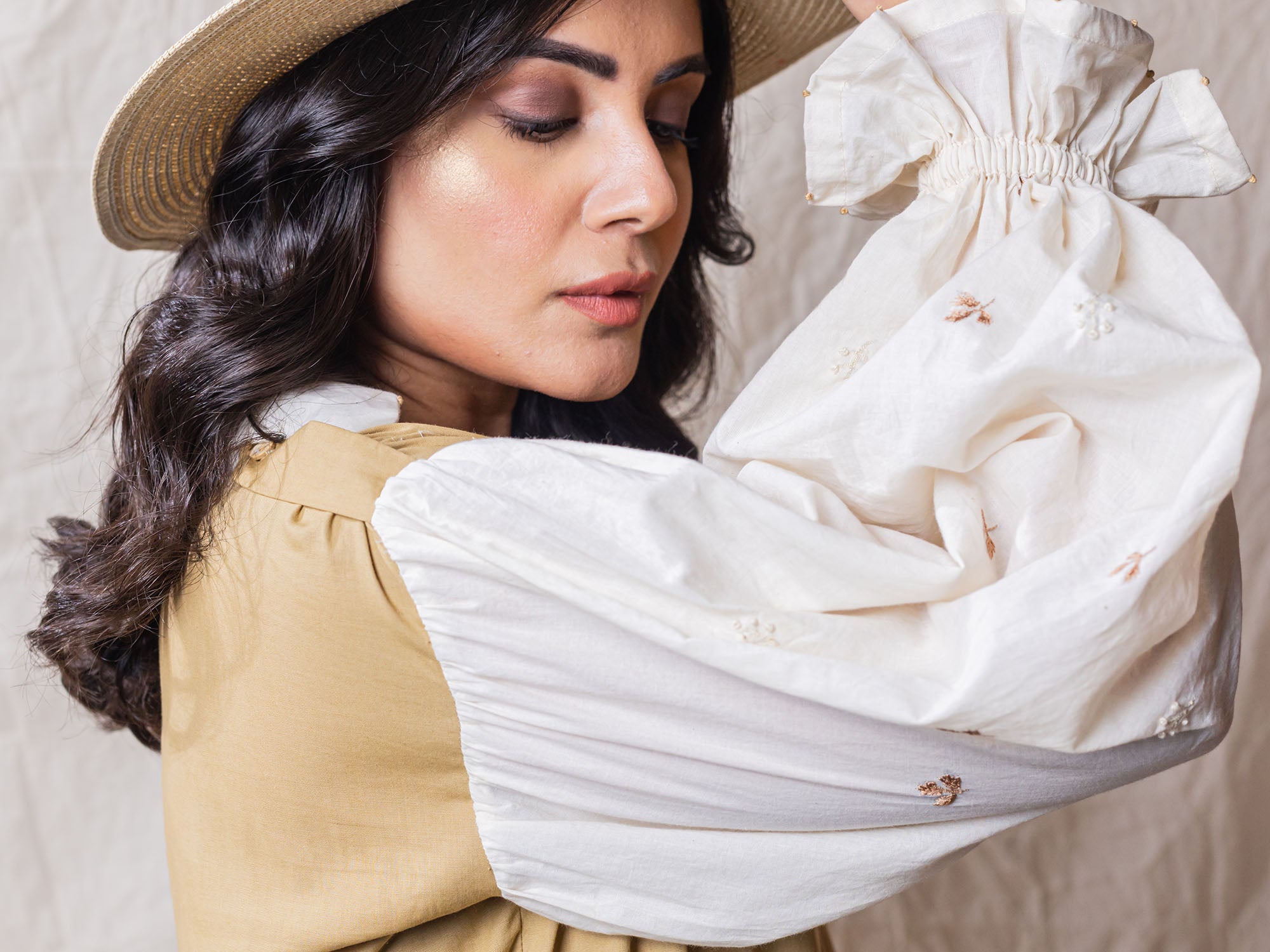 Pod Dress is perfect safari dress with detailed embroidery on sleeve, puff cuffs, attached collar shirt, with square neck dress, tiered bottom with cinched waistline