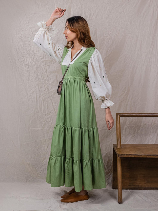 Pod Dress is perfect safari dress with detailed embroidery on sleeve, puff cuffs, attached collar shirt, with square neck dress, tiered bottom with cinched waistline