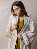 two piece set of dress and jacket in beige handwoven fabric jacket with patterned pipping and two front pockets. beautiful contrasting tiered dress with v neckline and pipping and beautiful hand embroidery in the back of the jacket.