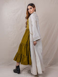 two piece set of dress and jacket in beige handwoven fabric jacket with patterned pipping and two front pockets. beautiful contrasting tiered dress with v neckline and pipping and beautiful hand embroidery in the back of the jacket.