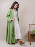 two piece set of dress and jacket in pale green cotton fabric jacket with patterned pipping and two front pockets. beautiful contrasting tiered dress with v neckline and pipping and beautiful hand embroidery in the back of the jacket.