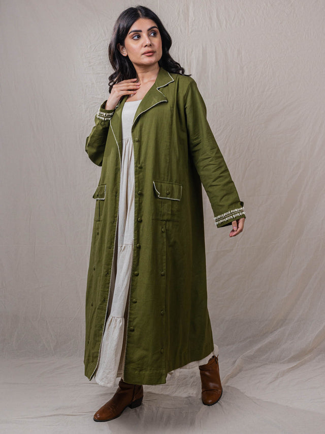 Brood Set Dress With Jacket - Cotton Olive Green Colour