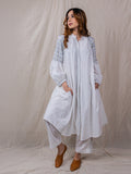 The Prowl Set is a two piece set of tunic and pants with contrast piping, hand embroidery of criss cross with safari essence on shoulder and sleeves, button down, beads on sleeve hem, straight bottom pants, flamingo motif at back