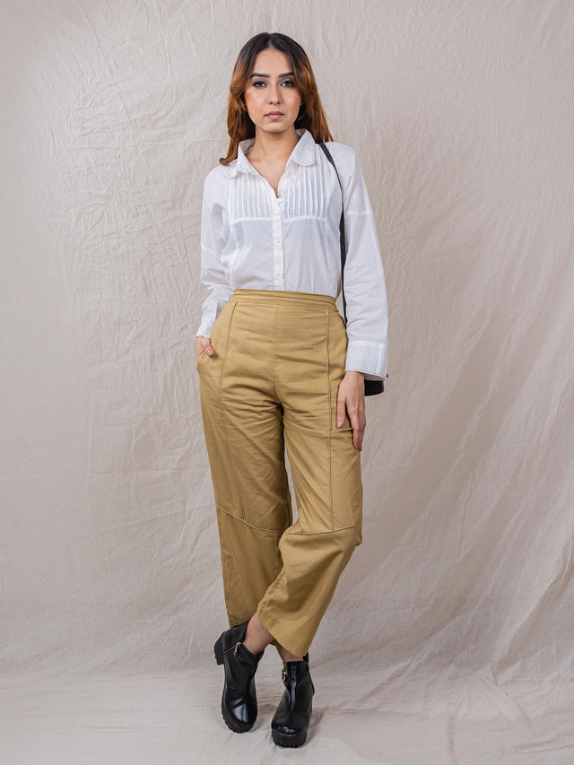 two piece set of shirt and pants with kantha embroidery, straight pants, pleats on shirt