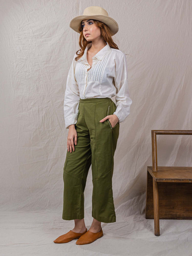 two piece set of shirt and pants with kantha embroidery, straight pants, pleats on shirt