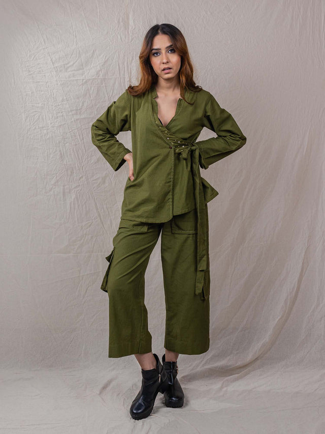 two piece set of top and pants, the overlap look of shirt with flap on one side, cargo pants, leaf embroidery on top, big pockets on cargo
