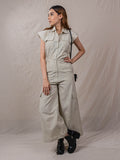 two piece set of top and pants, button down shirt with pockets in front, cargo pants with big pockets, flare bottom