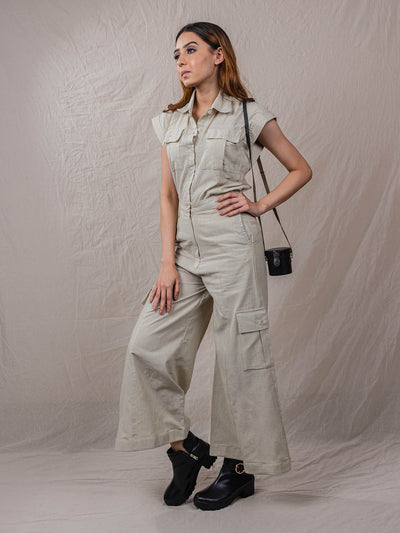 two piece set of top and pants, button down shirt with pockets in front, cargo pants with big pockets, flare bottom