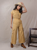 two piece set of top and pants, button down shirt with pockets in front, cargo pants with big pockets, flare bottom