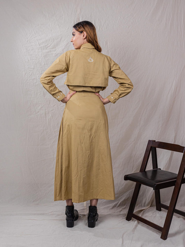 two piece cotton top and skirt set. oatmeal brown colour with fine hand embroidery and handwork details. perfect for a casual evening date night or a loungewear.