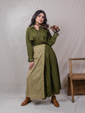 two piece cotton top and skirt set. green colour with fine hand embroidery and handwork details. perfect for a casual evening date night or a loungewear.