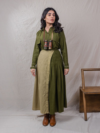 two piece cotton top and skirt set. green colour with fine hand embroidery and handwork details. perfect for a casual evening date night or a loungewear.