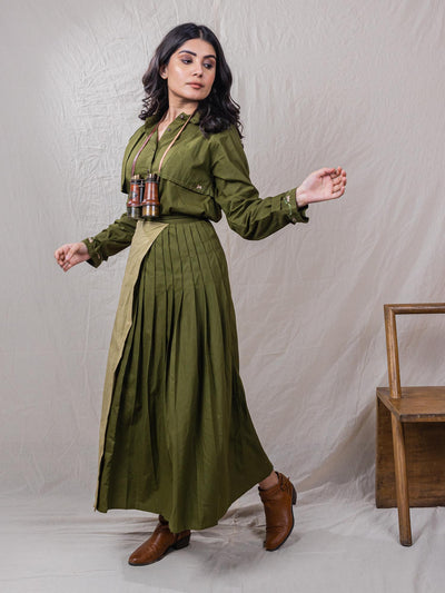 two piece cotton top and skirt set. green colour with fine hand embroidery and handwork details. perfect for a casual evening date night or a loungewear.